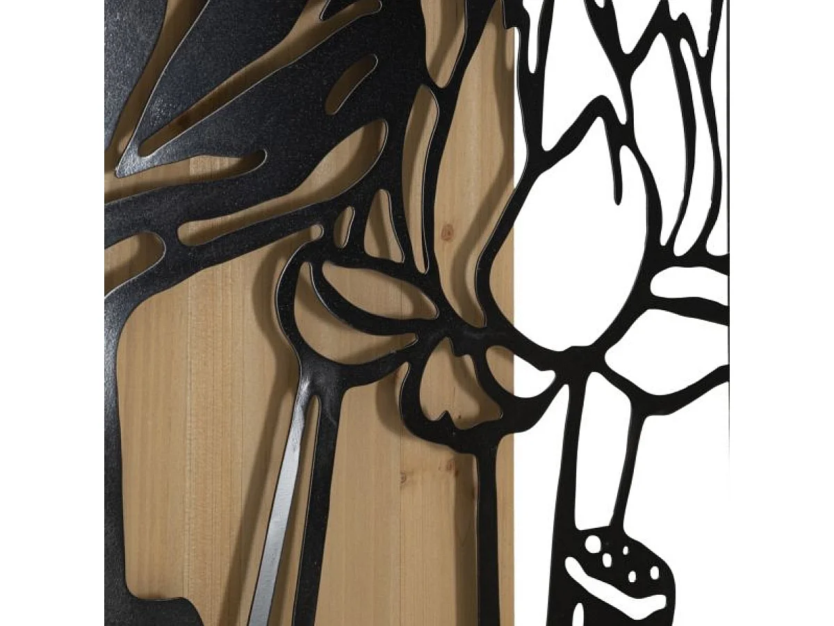 Décoration murale fleurs métal 60x90 cm Noir et Bois