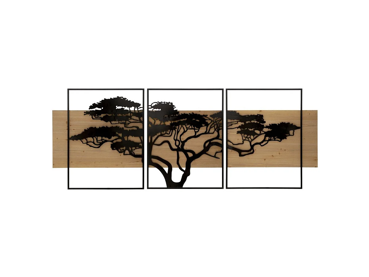 Ensemble de 3 décorations murales triptyque arbre métal 204x80 cm Sarabi Noir et Bois