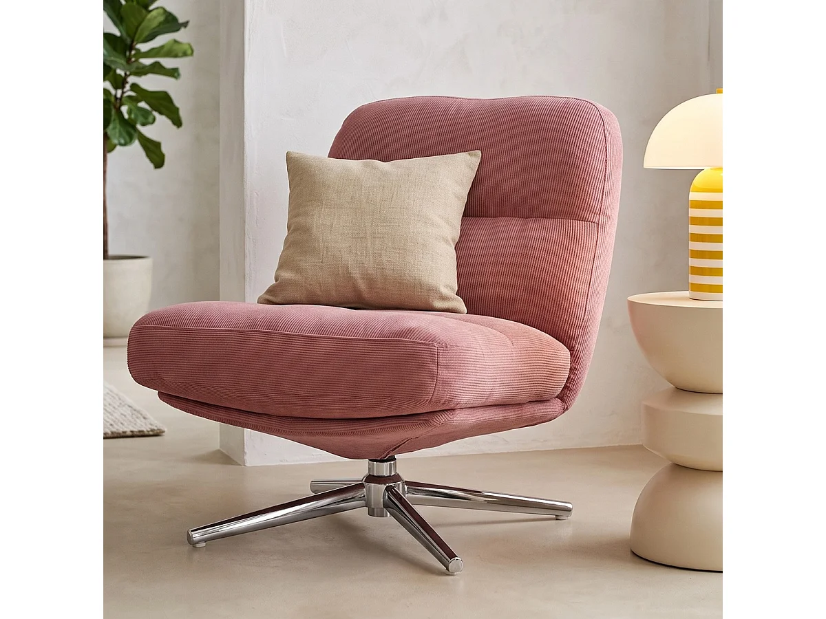 Fauteuil pivotant en velours côtelé rose et piètement chromé - Julia