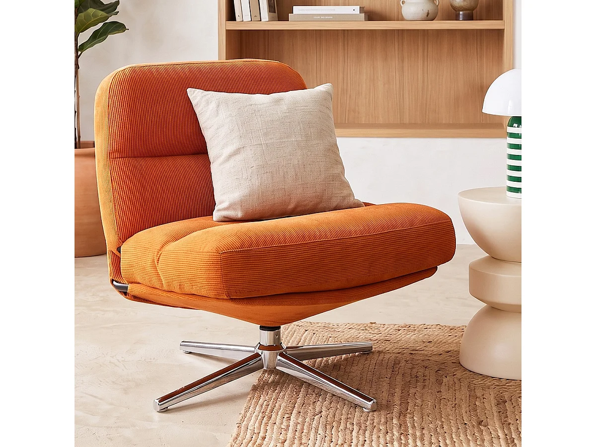 Fauteuil pivotant en velours côtelé orange et piètement chromé - Julia