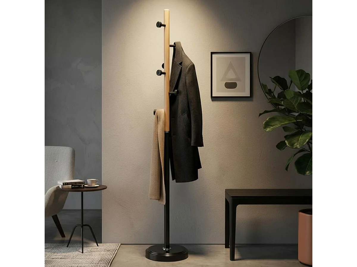 Porte-manteau sur pied 6 patères Halston Noir et Bois