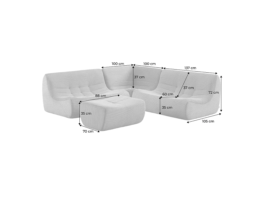 Canapé d'angle modulable 5 places avec repose pied velours côtelé moutarde - Sokol