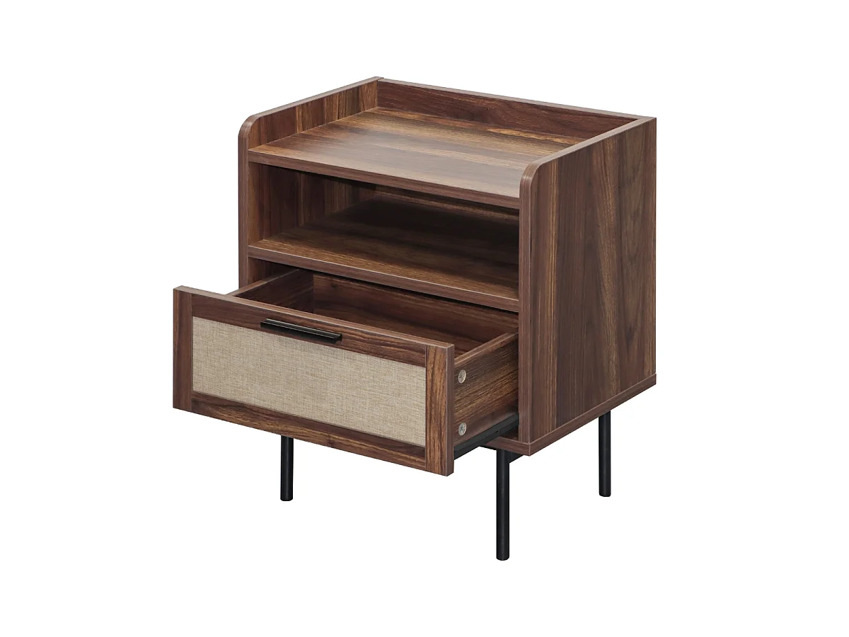 Chevet 1 tiroir, 1 niche décor noyer avec façades en tissu L45 cm - JETSON