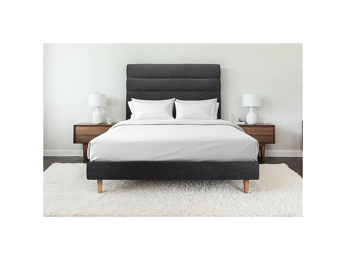 Lit 140x190cm avec tête de lit lignes tissu et sommier tapissier Noir - Hauteur totale : 29cm