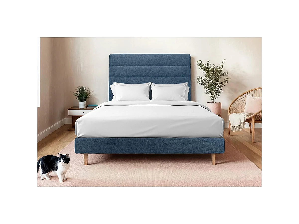 Lit 160x200cm avec tête de lit lignes tissu et sommier tapissier Bleu - Hauteur totale : 29cm
