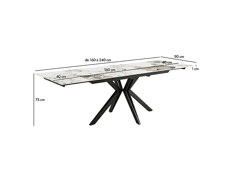 Table extensible 160/240 cm céramique blanc marbré pieds métal – ALLEGRI