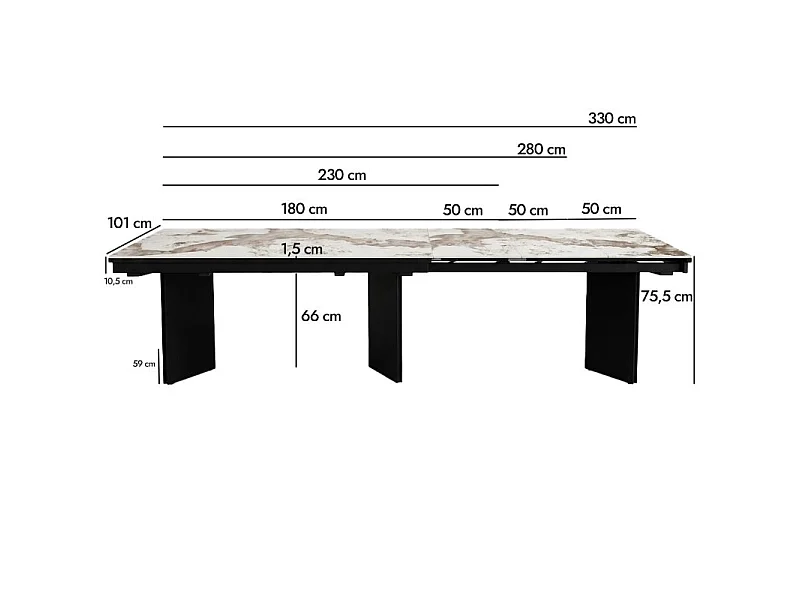 Table extensible 180/330 cm céramique blanc marbré pieds métal noir – ANATOLIA