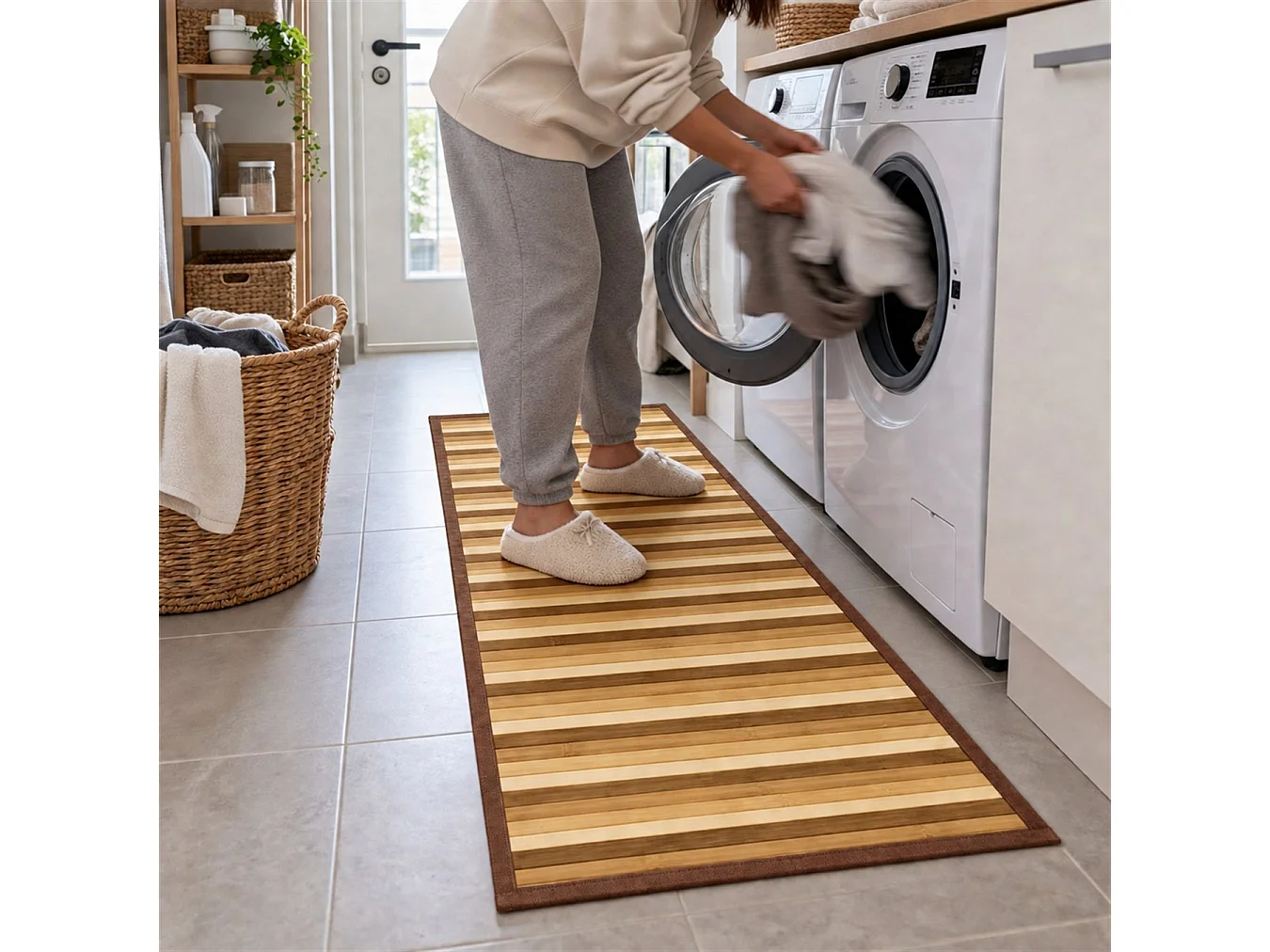 The White Stone Tapis en Bambou Dégradé 55x240 cm Beige | Tapis de Cuisine et Salle de Bain Antidérapant | Tapis en Bambou avec Dos Antidérapant et Bordure en