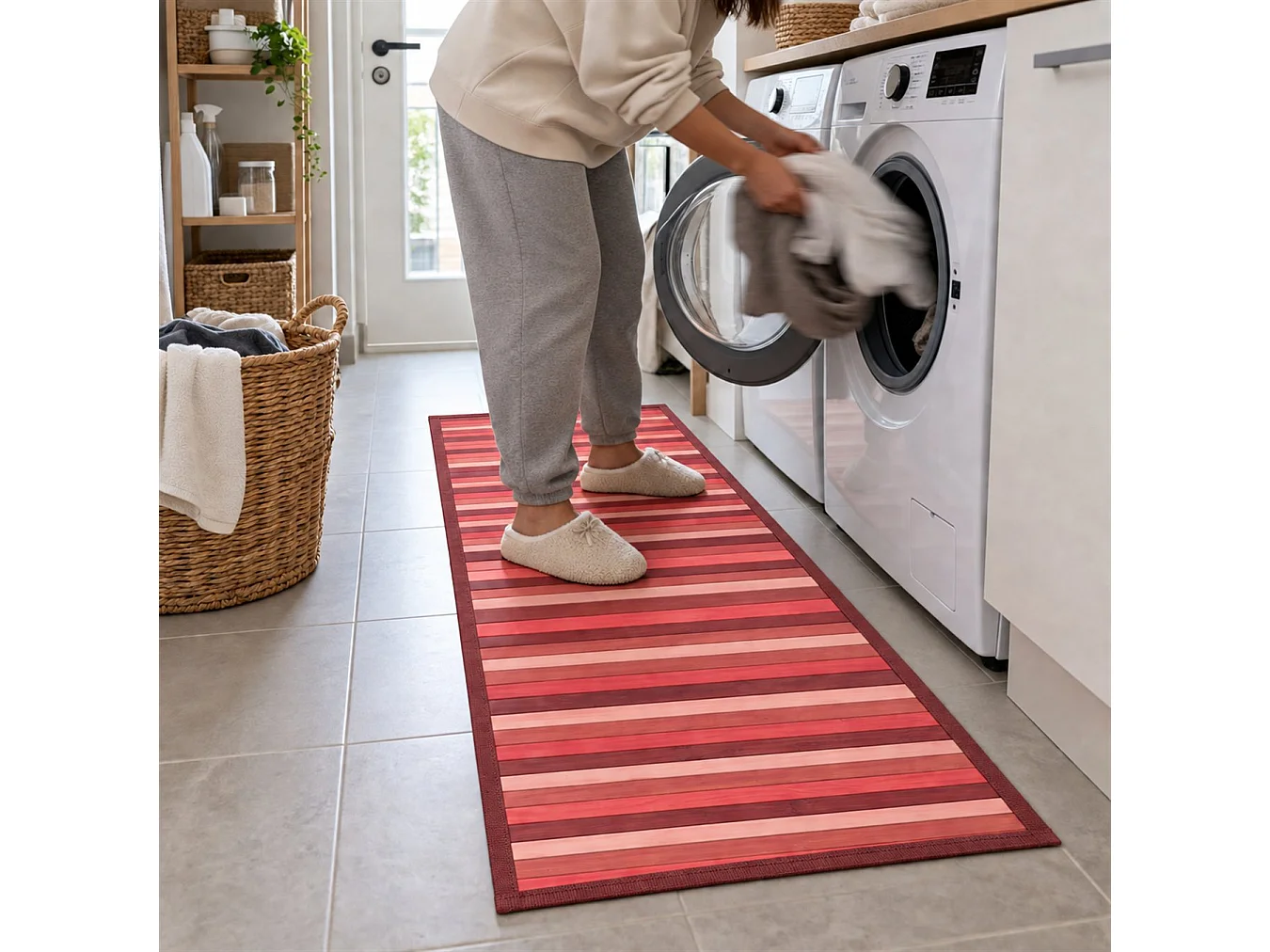The White Stone Tapis en Bambou Dégradé 55x100 cm Rouge | Tapis de Cuisine et Salle de Bain Antidérapant | Tapis en Bambou avec Dos Antidérapant et Bordure en