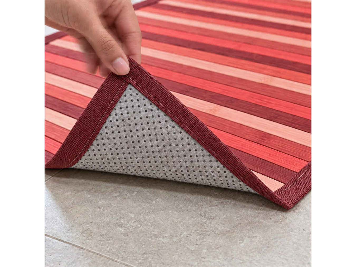 The White Stone Tapis en Bambou Dégradé 55x100 cm Rouge | Tapis de Cuisine et Salle de Bain Antidérapant | Tapis en Bambou avec Dos Antidérapant et Bordure en