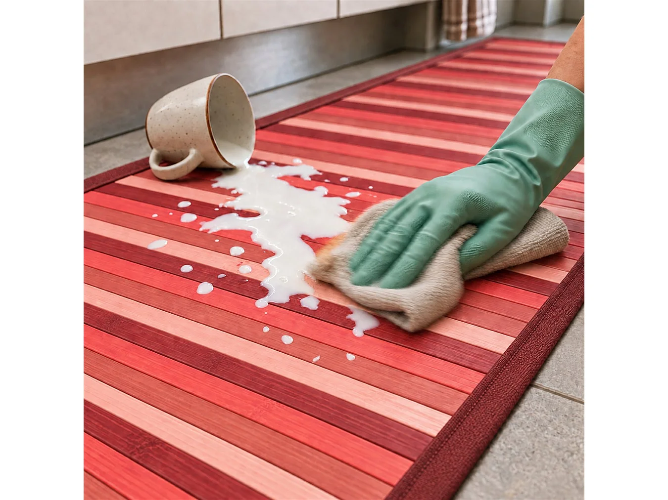 The White Stone Tapis en Bambou Dégradé 55x100 cm Rouge | Tapis de Cuisine et Salle de Bain Antidérapant | Tapis en Bambou avec Dos Antidérapant et Bordure en
