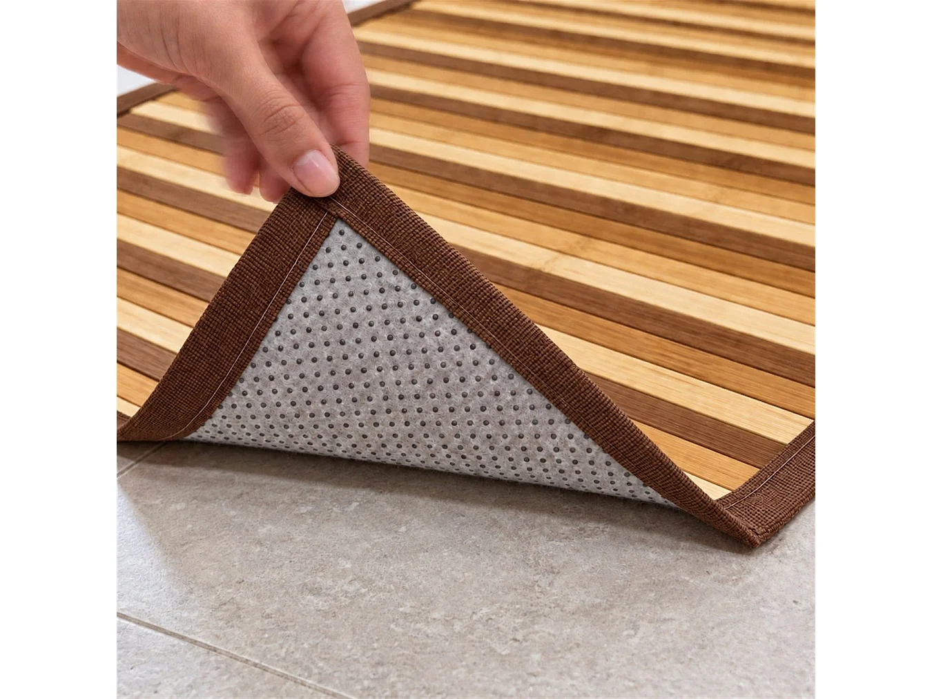 The White Stone Tapis en Bambou Dégradé 55x140 cm Beige | Tapis de Cuisine et Salle de Bain Antidérapant | Tapis en Bambou avec Dos Antidérapant et Bordure en