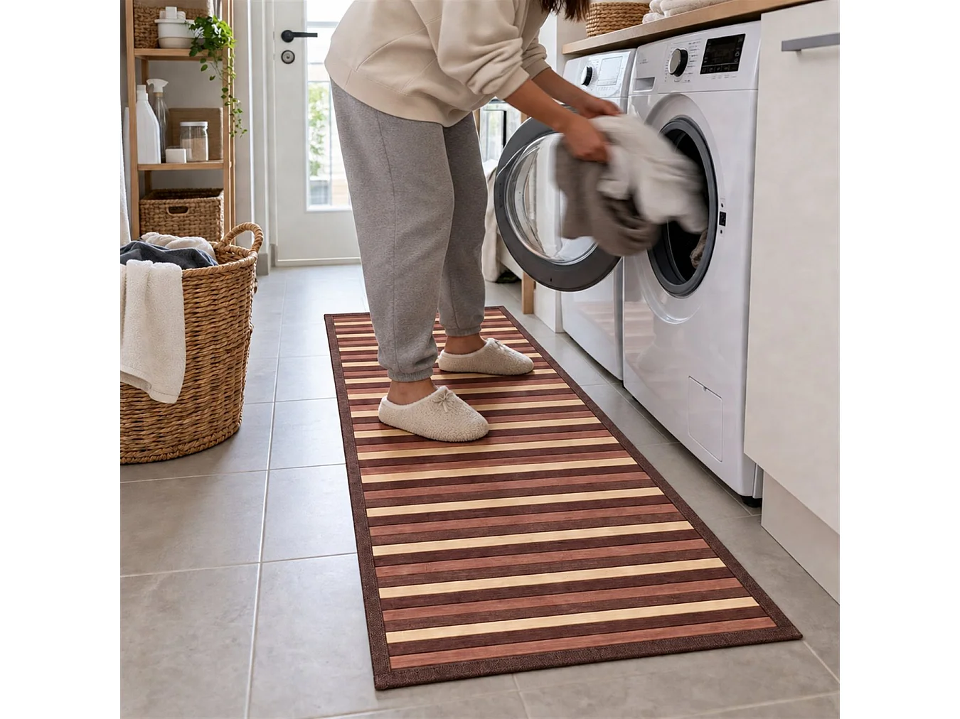 The White Stone Tapis en Bambou Dégradé 55x180 cm Marron | Tapis de Cuisine et Salle de Bain Antidérapant | Tapis en Bambou avec Dos Antidérapant et Bordure en