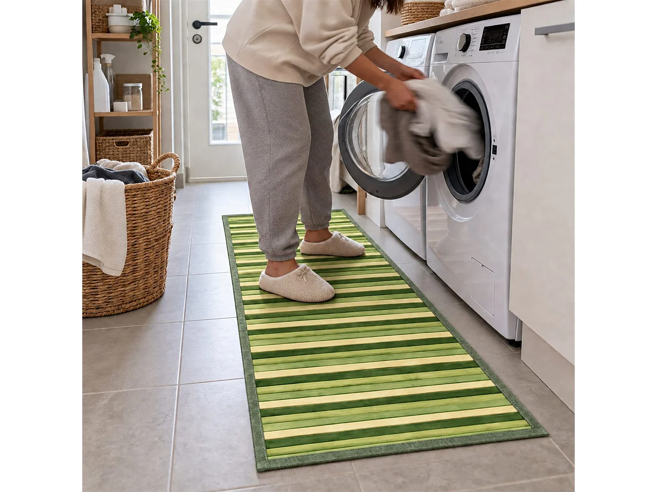 The White Stone Tapis en Bambou Dégradé 55x140 cm Vert | Tapis de Cuisine et Salle de Bain Antidérapant | Tapis en Bambou avec Dos Antidérapant et Bordure en