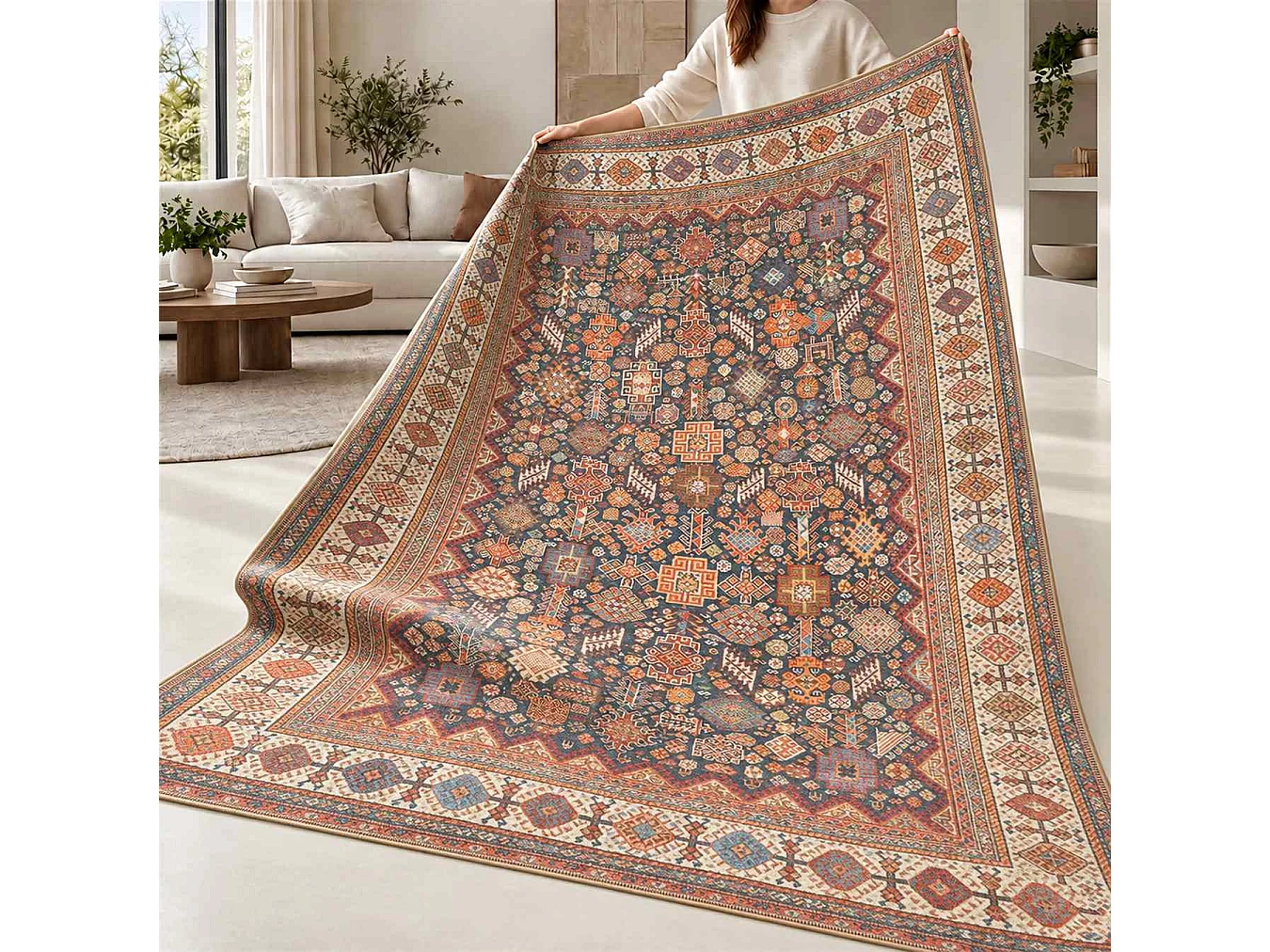 The White Stone Tapis Oriental Motif Sarouk 160x230 cm | Tapis Style Persan avec Effet Vintage Vieilli | Poils Ras 100% Polyester, Impression Numérique, Lavable à