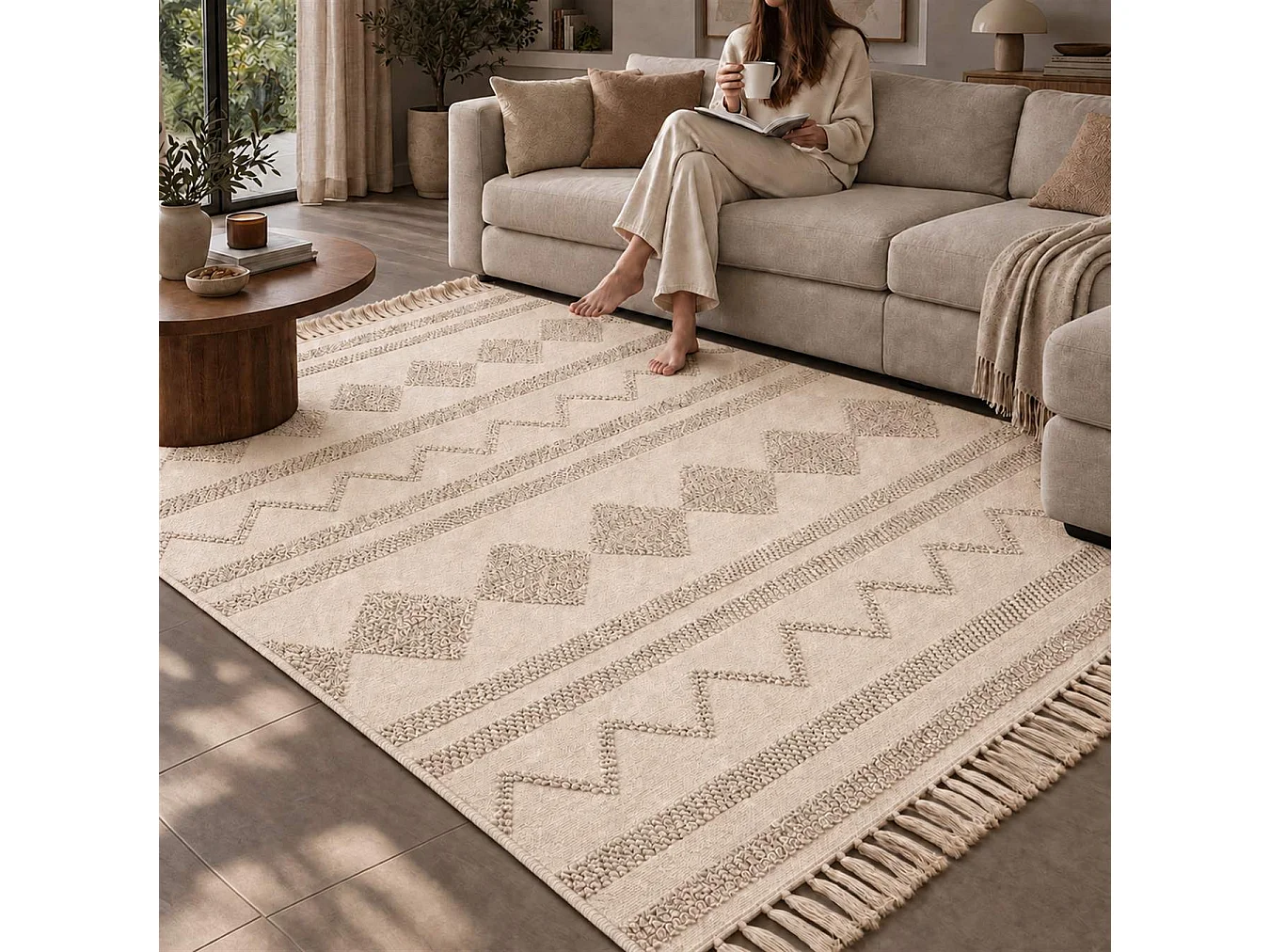The White Stone Berber vloerkleed 160x230 cm naturel | 100% katoen, antislip en wasbaar op 30°C | Geometrisch reliëfpatroon in Marokkaanse stijl voor woonkamer en