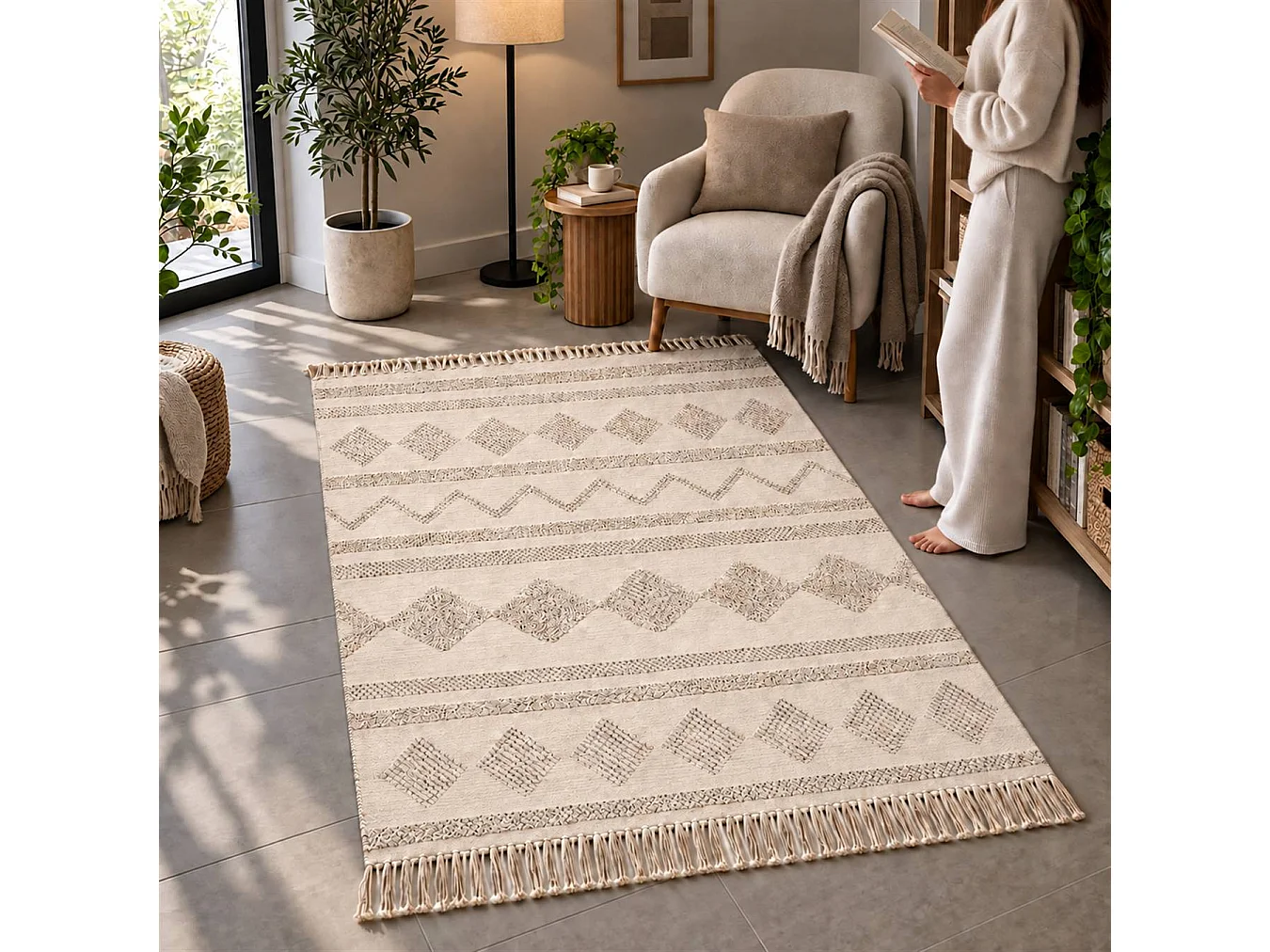 The White Stone Berber vloerkleed 160x230 cm naturel | 100% katoen, antislip en wasbaar op 30°C | Geometrisch reliëfpatroon in Marokkaanse stijl voor woonkamer en