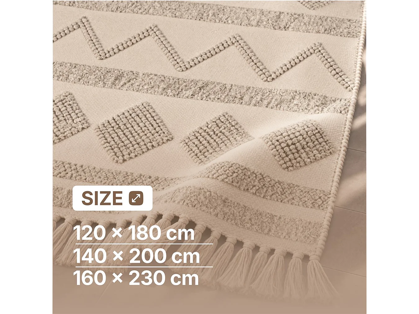 The White Stone Berber vloerkleed 160x230 cm naturel | 100% katoen, antislip en wasbaar op 30°C | Geometrisch reliëfpatroon in Marokkaanse stijl voor woonkamer en