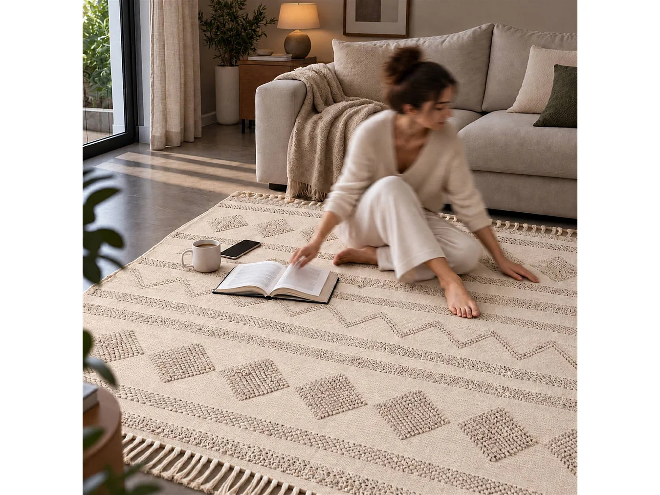 The White Stone Berber vloerkleed 160x230 cm naturel | 100% katoen, antislip en wasbaar op 30°C | Geometrisch reliëfpatroon in Marokkaanse stijl voor woonkamer en
