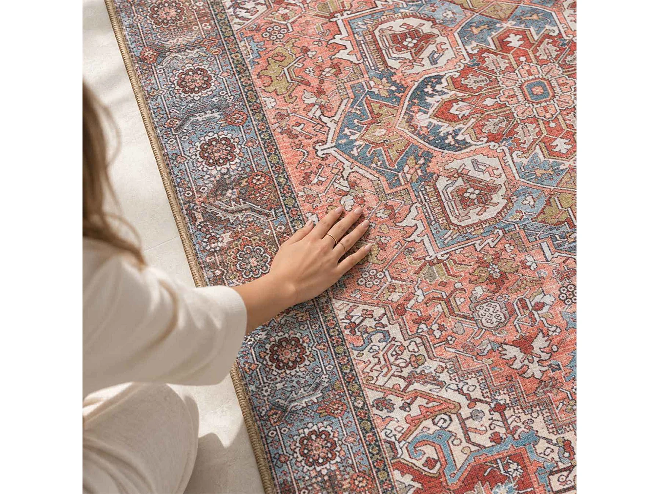 The White Stone Alfombra Oriental Diseño Tabriz 95x150 cm | Alfombra Estilo Persa con Efecto Vintage Envejecido | Pelo Corto 100% Poliéster, Impresión Digital