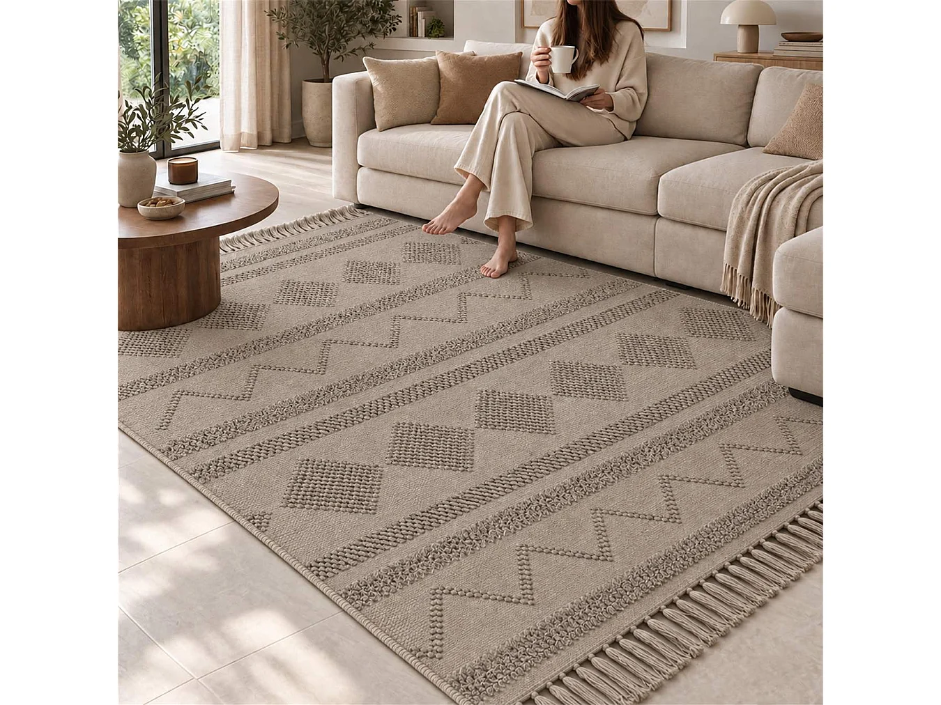 The White Stone Berber vloerkleed 160x230 cm taupe | 100% katoen, antislip en wasbaar op 30°C | Geometrisch reliëfpatroon in Marokkaanse stijl voor woonkamer en