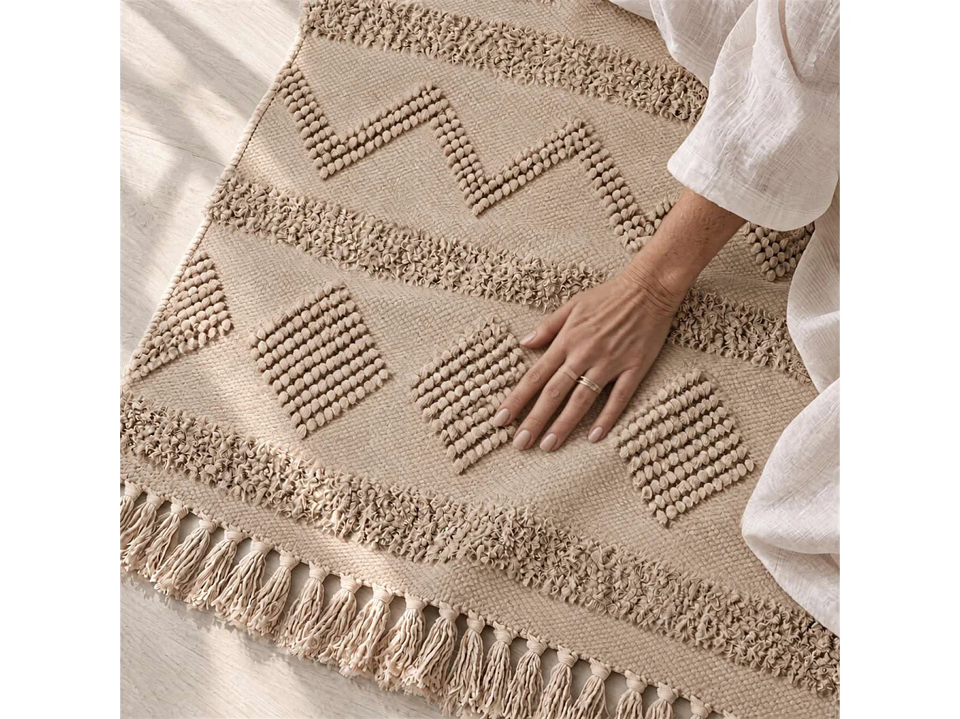 The White Stone Tappeto Berbero 120x180 cm Beige | Tappeto in 100% Cotone, Antiscivolo e Lavabile a 30°C | Disegni Geometrici in Rilievo in Stile Marocchino per