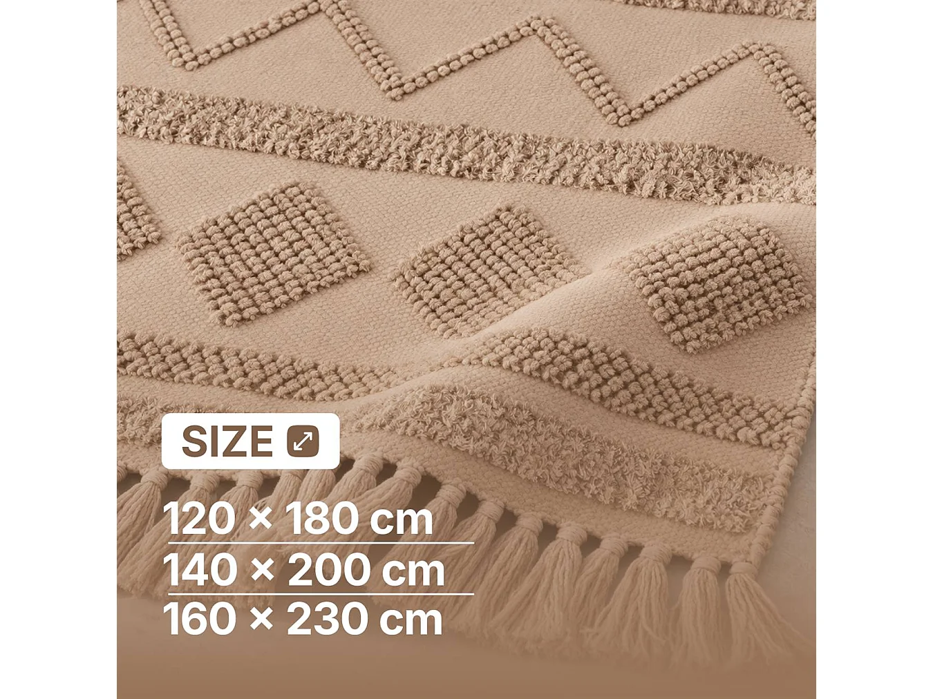 The White Stone Tappeto Berbero 120x180 cm Beige | Tappeto in 100% Cotone, Antiscivolo e Lavabile a 30°C | Disegni Geometrici in Rilievo in Stile Marocchino per