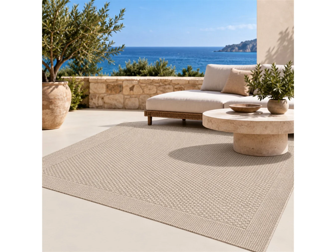 The White Stone Outdoor Teppich in Flechtoptik 140x200 cm Steingrau | Für innen und außen, UV-beständig, wasserfest und waschbar | Flachgewebe-Teppich in