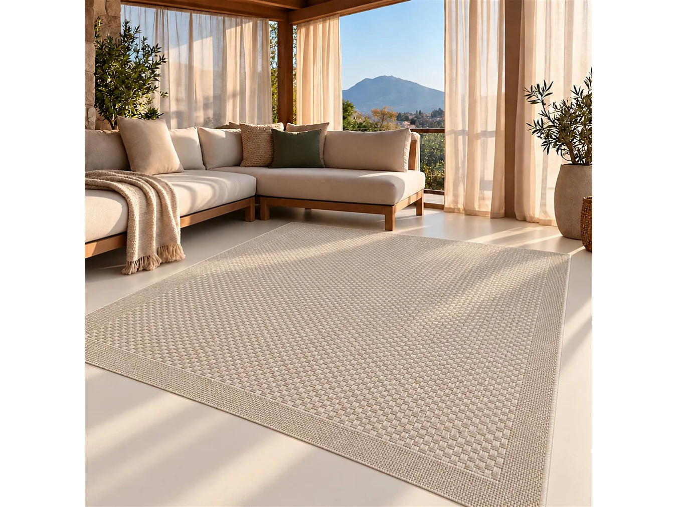 The White Stone Outdoor Teppich in Flechtoptik 140x200 cm Steingrau | Für innen und außen, UV-beständig, wasserfest und waschbar | Flachgewebe-Teppich in