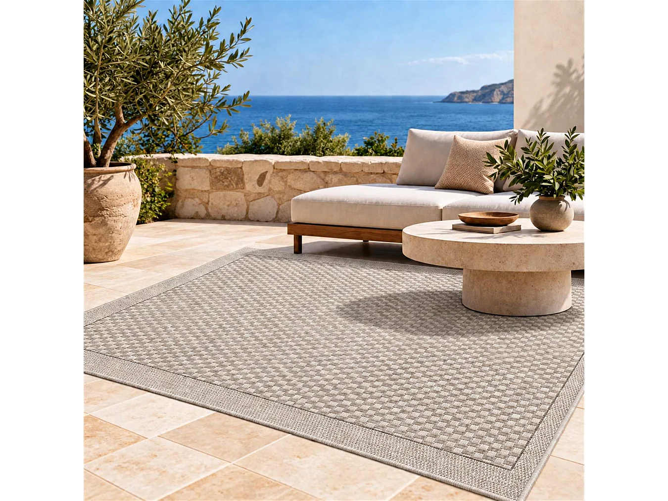 The White Stone Outdoor Teppich in Flechtoptik 160x230 cm Greige | Für innen und außen, UV-beständig, wasserfest und waschbar | Flachgewebe-Teppich in Sisal-Optik