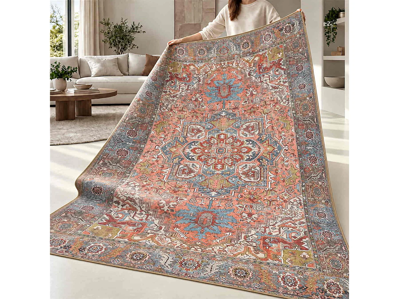 The White Stone Tapis Oriental Motif Tabriz 190x290 cm | Tapis Style Persan avec Effet Vintage Vieilli | Poils Ras 100% Polyester, Impression Numérique, Lavable à
