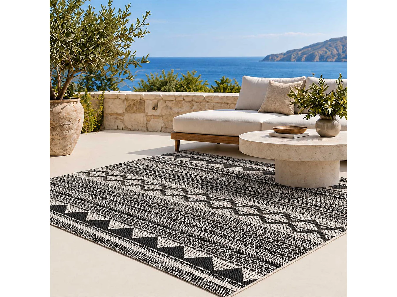 The White Stone Outdoor Teppich mit Ethno-Muster 200x290 cm Schwarz | Für innen und außen, UV-beständig, wasserfest und waschbar | Flachgewebe aus Polypropylen in