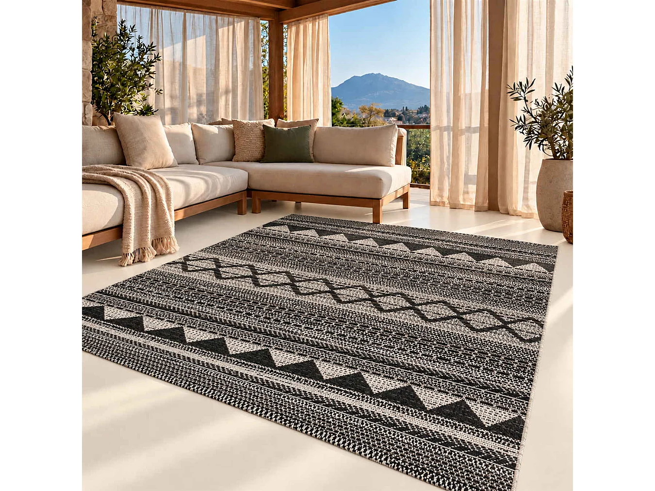 The White Stone Outdoor Teppich mit Ethno-Muster 200x290 cm Schwarz | Für innen und außen, UV-beständig, wasserfest und waschbar | Flachgewebe aus Polypropylen in
