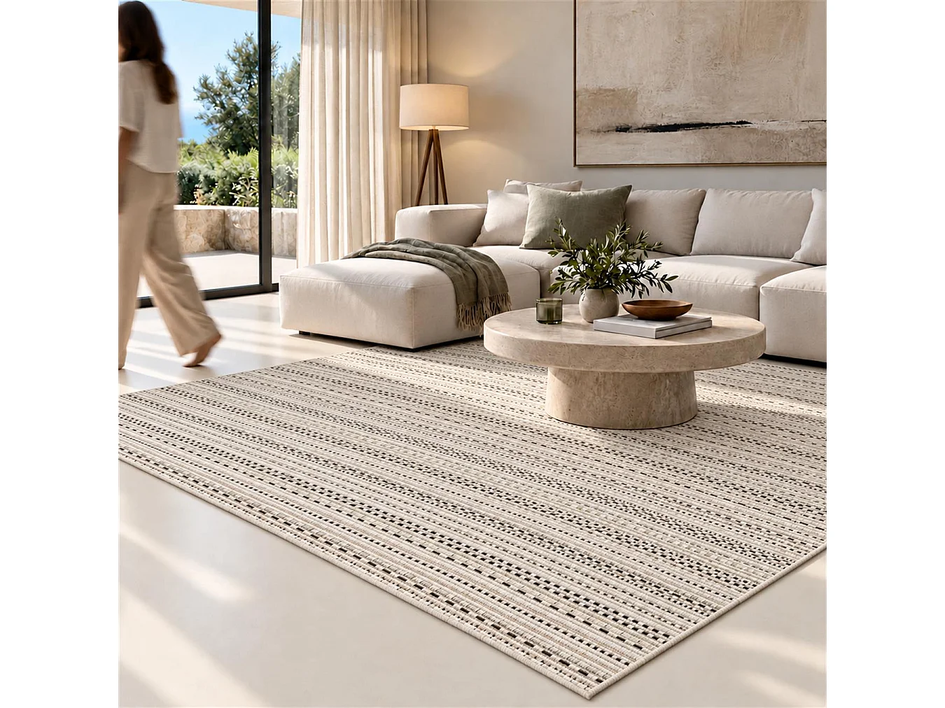 The White Stone Utomhusmatta med ränder 160x230 cm isgrå | För inomhus- och utomhusbruk, UV- och vattentålig, tvättbar | Flatvävd matta i polypropen med sisal-look
