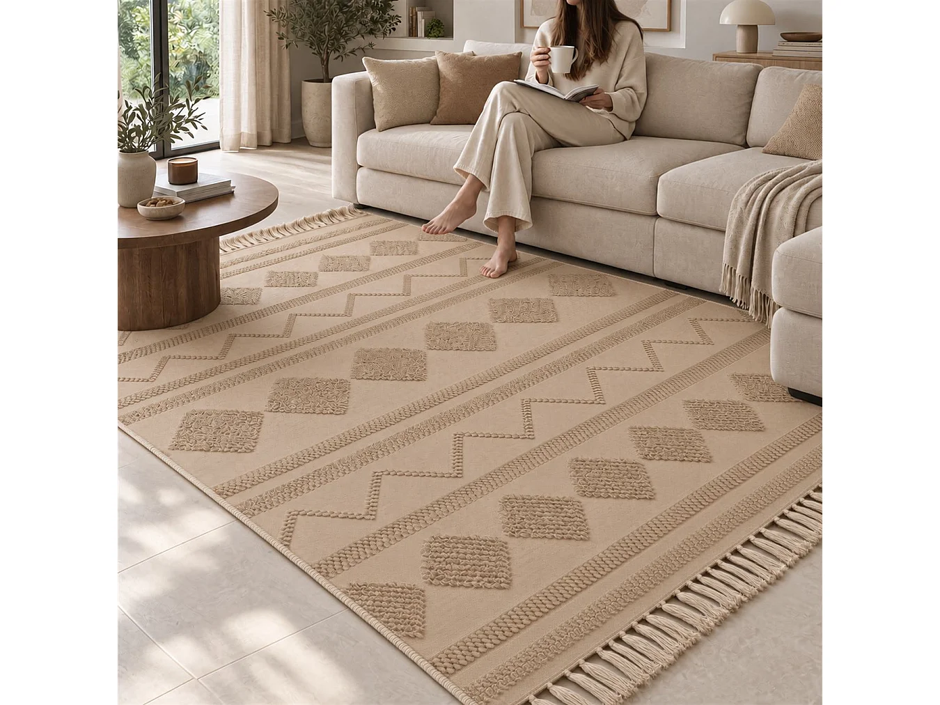 The White Stone Berber vloerkleed 160x230 cm beige | 100% katoen, antislip en wasbaar op 30°C | Geometrisch reliëfpatroon in Marokkaanse stijl voor woonkamer en