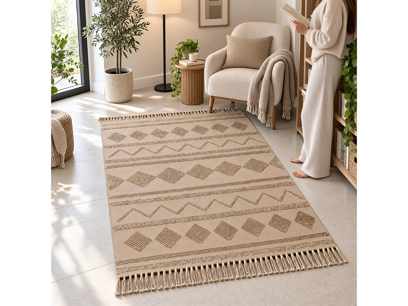 The White Stone Berber vloerkleed 160x230 cm beige | 100% katoen, antislip en wasbaar op 30°C | Geometrisch reliëfpatroon in Marokkaanse stijl voor woonkamer en