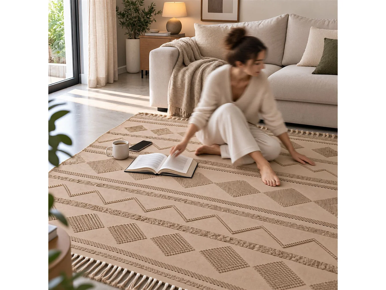 The White Stone Berber vloerkleed 160x230 cm beige | 100% katoen, antislip en wasbaar op 30°C | Geometrisch reliëfpatroon in Marokkaanse stijl voor woonkamer en