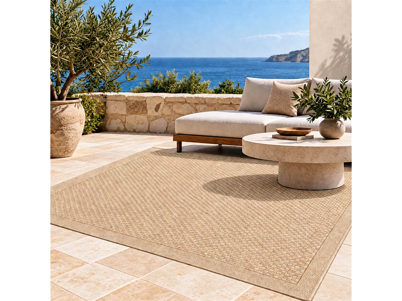 The White Stone Outdoor Teppich in Flechtoptik 200x290 cm Honig | Für innen und außen, UV-beständig, wasserfest und waschbar | Flachgewebe-Teppich in Sisal-Optik