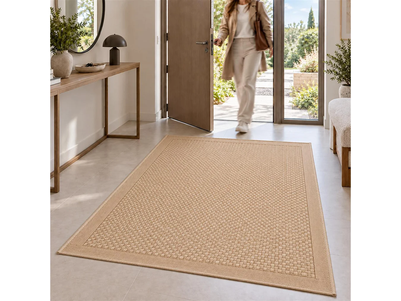 The White Stone Outdoor Teppich in Flechtoptik 200x290 cm Honig | Für innen und außen, UV-beständig, wasserfest und waschbar | Flachgewebe-Teppich in Sisal-Optik