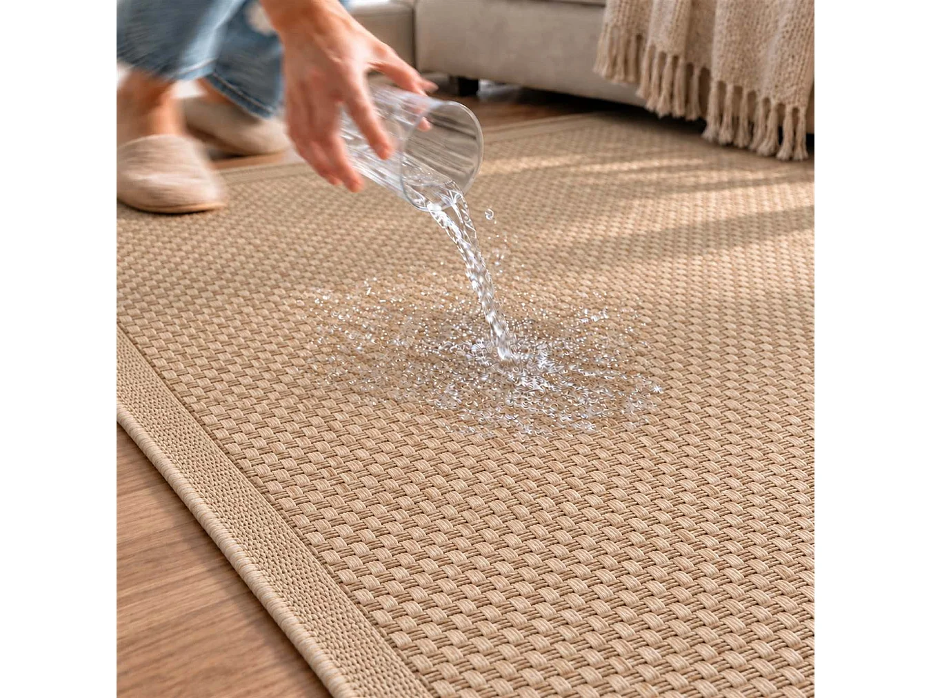 The White Stone Outdoor Teppich in Flechtoptik 200x290 cm Honig | Für innen und außen, UV-beständig, wasserfest und waschbar | Flachgewebe-Teppich in Sisal-Optik