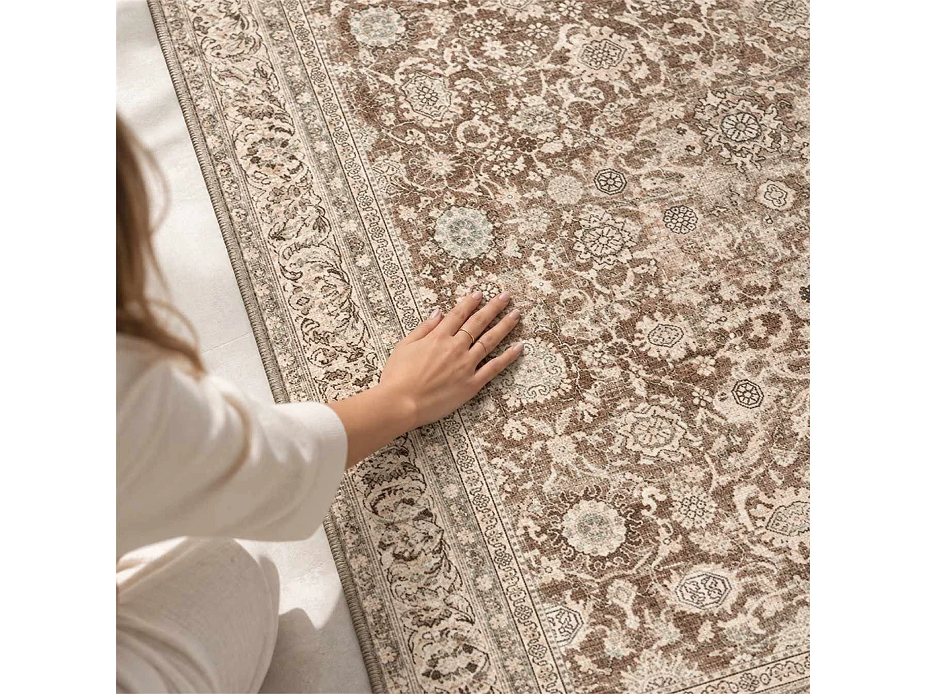 The White Stone Tapis Oriental Motif Hamdan 95x150 cm | Tapis Style Persan avec Effet Vintage Vieilli | Poils Ras 100% Polyester, Impression Numérique, Lavable à