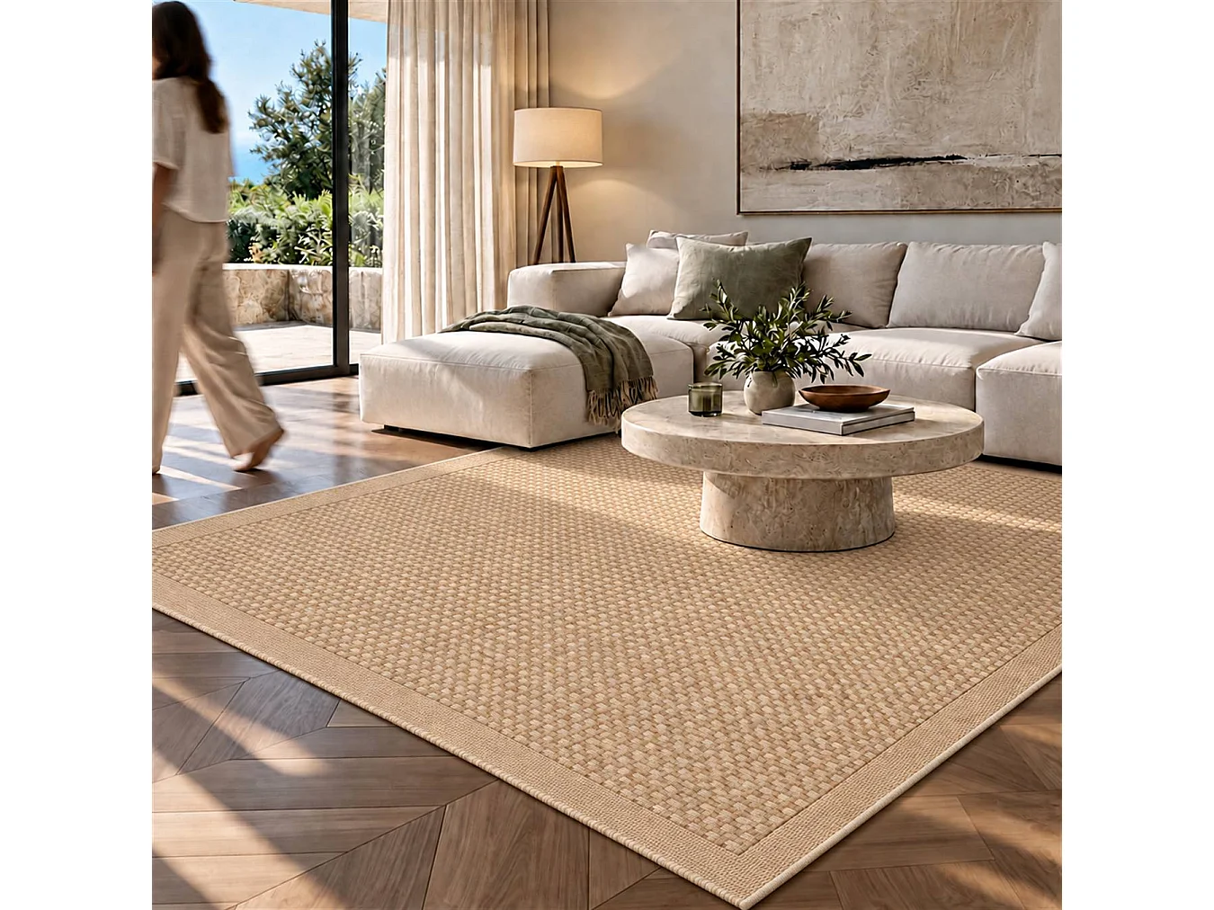 The White Stone Tapis Extérieur Effet Tressé 140x200 cm Miel | Pour Intérieur et Extérieur, Résistant aux UV et à l'Eau, Lavable | Tapis Tissé à Plat Effet Sisal