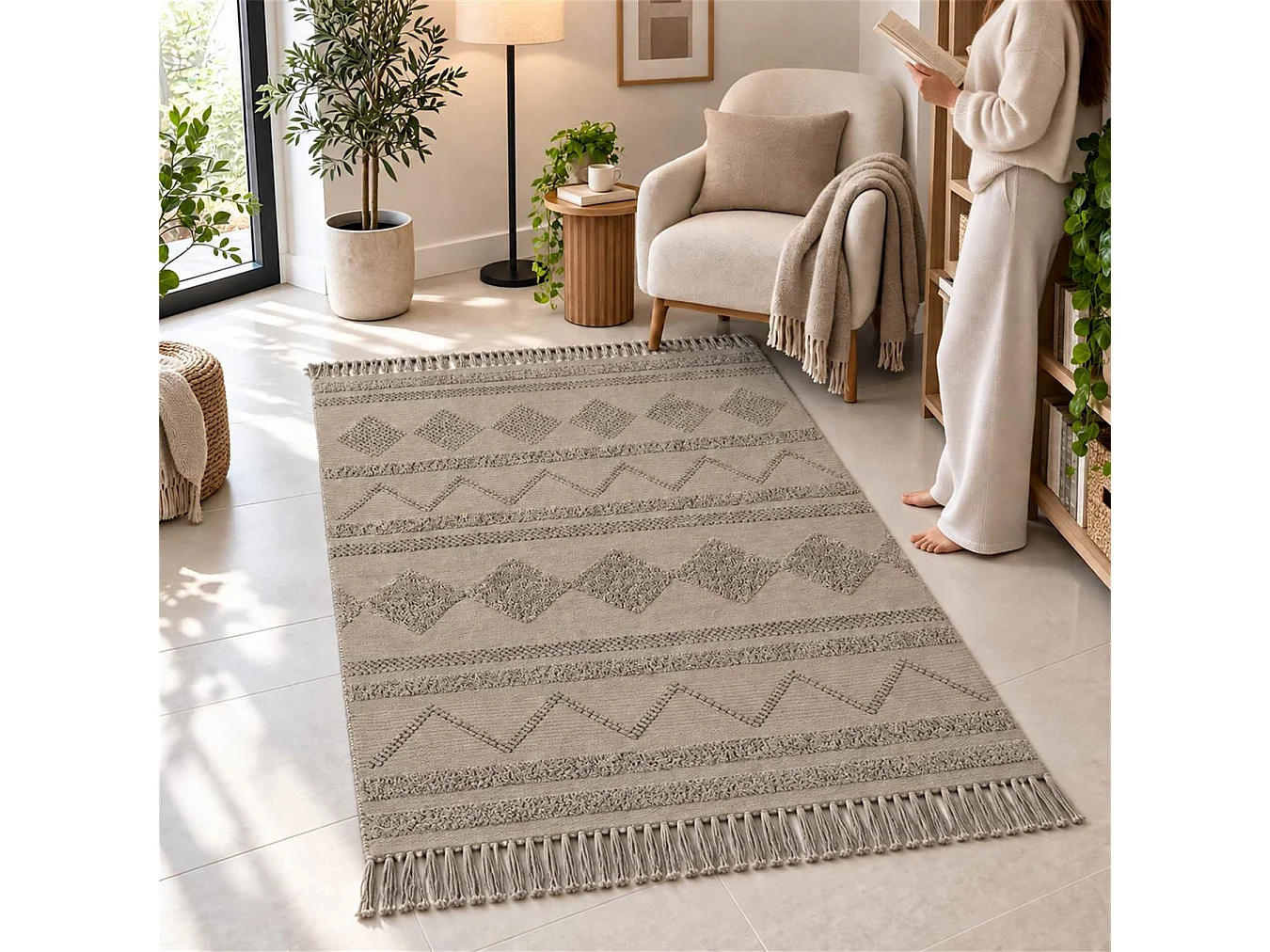 The White Stone Tappeto Berbero 120x180 cm Taupè | Tappeto in 100% Cotone, Antiscivolo e Lavabile a 30°C | Disegni Geometrici in Rilievo in Stile Marocchino per