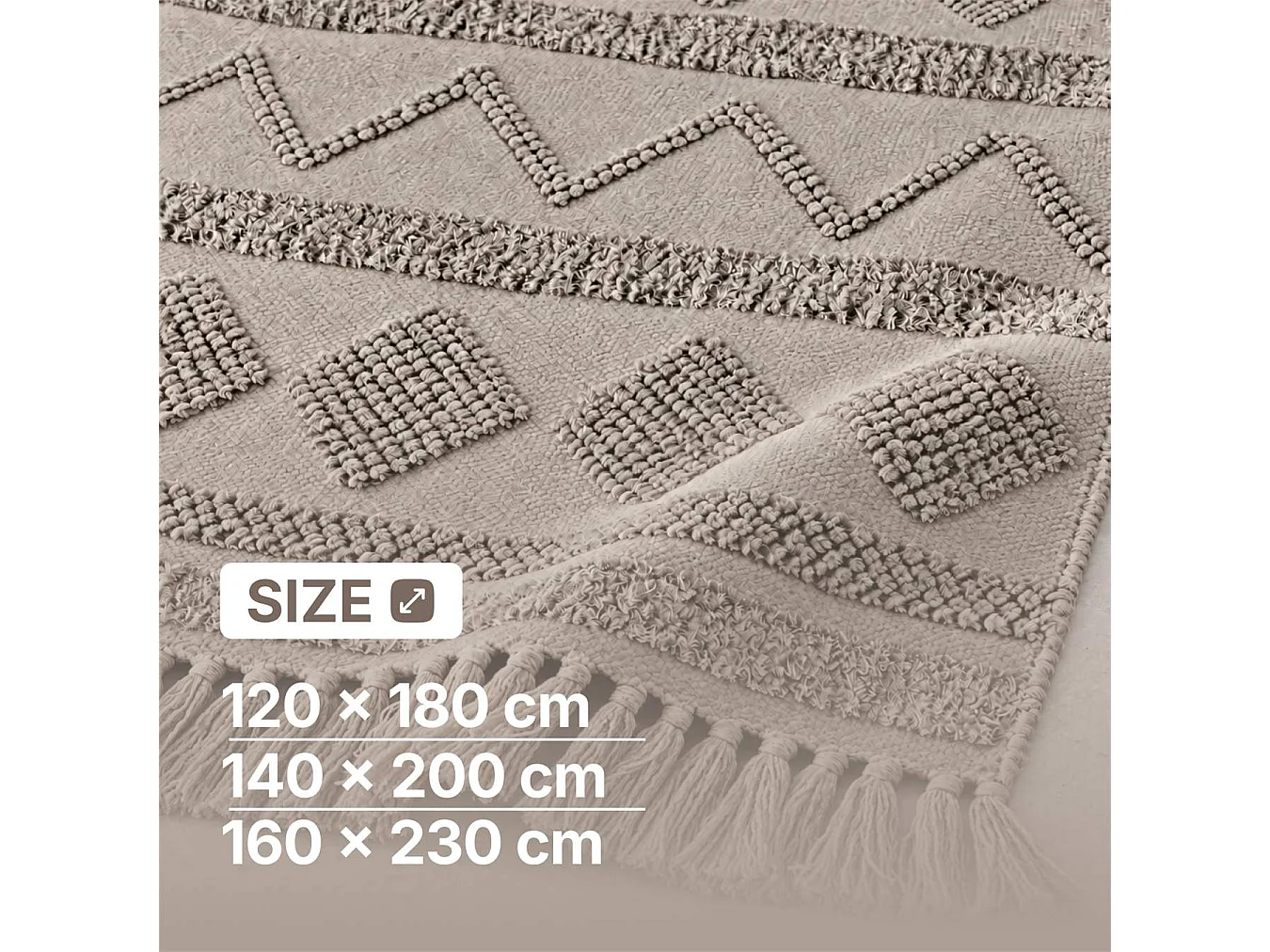The White Stone Tappeto Berbero 120x180 cm Taupè | Tappeto in 100% Cotone, Antiscivolo e Lavabile a 30°C | Disegni Geometrici in Rilievo in Stile Marocchino per