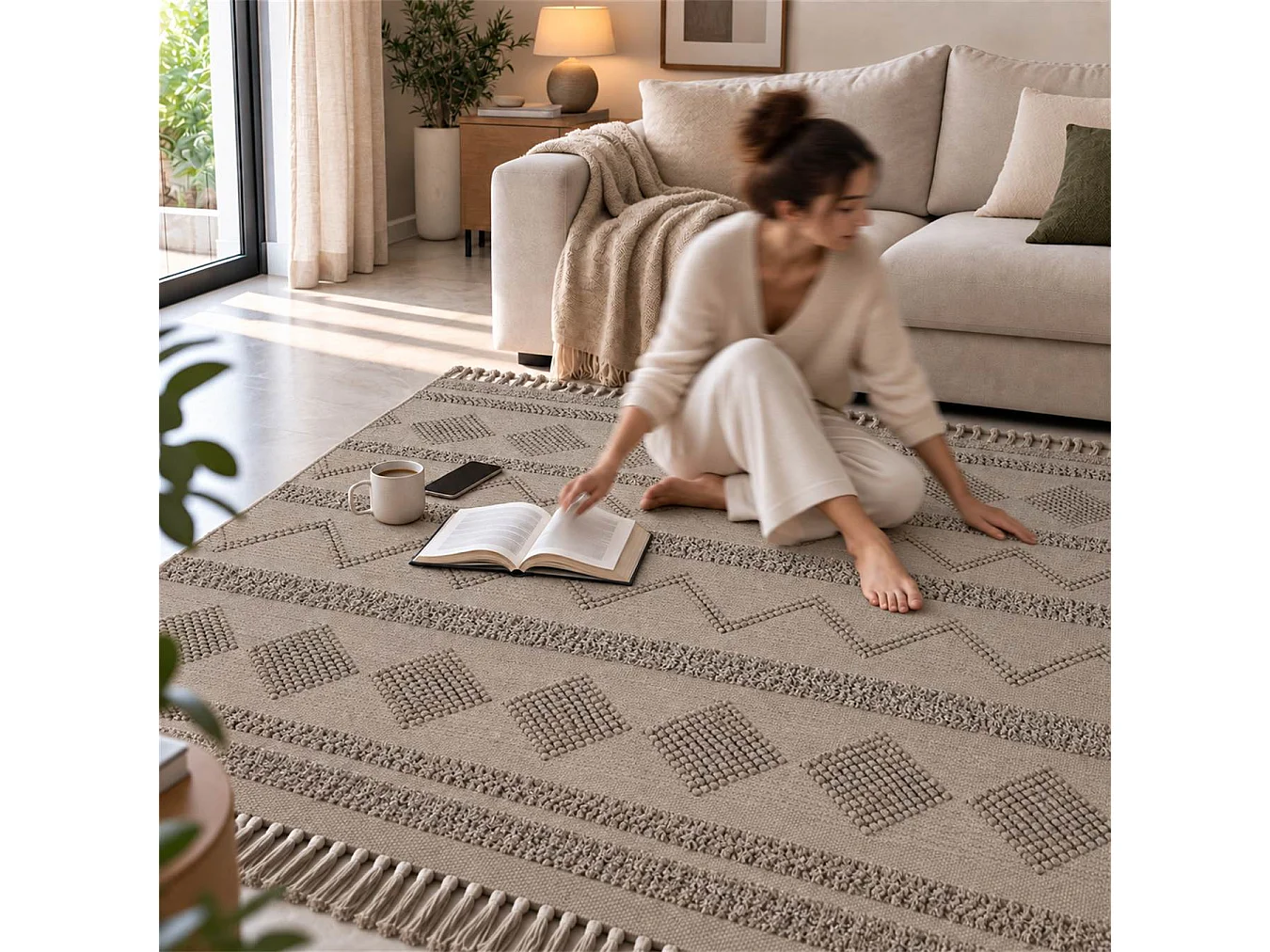 The White Stone Tappeto Berbero 120x180 cm Taupè | Tappeto in 100% Cotone, Antiscivolo e Lavabile a 30°C | Disegni Geometrici in Rilievo in Stile Marocchino per