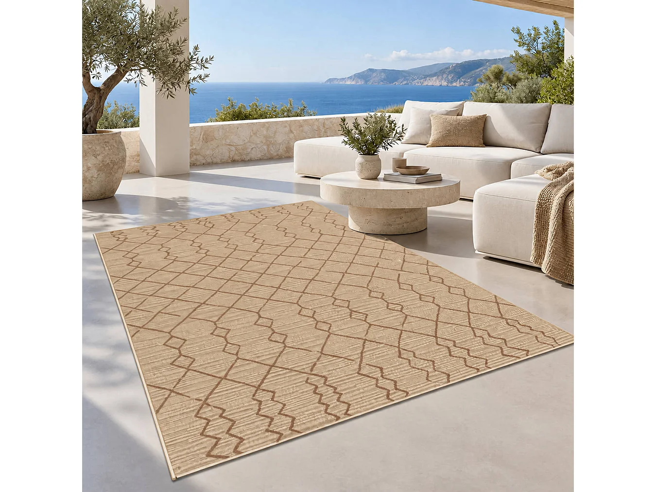 The White Stone Tapis Extérieur Motif Berbère 140x200 cm Caramel | Pour Intérieur et Extérieur, Résistant aux UV et à l'Eau, Lavable | Tapis en Polypropylène Tissé