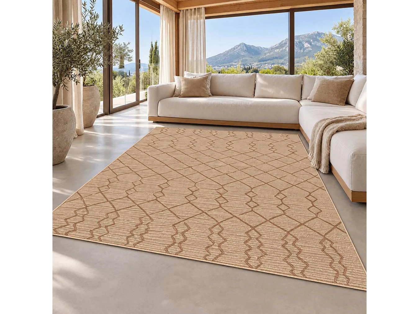 The White Stone Tapis Extérieur Motif Berbère 140x200 cm Caramel | Pour Intérieur et Extérieur, Résistant aux UV et à l'Eau, Lavable | Tapis en Polypropylène Tissé