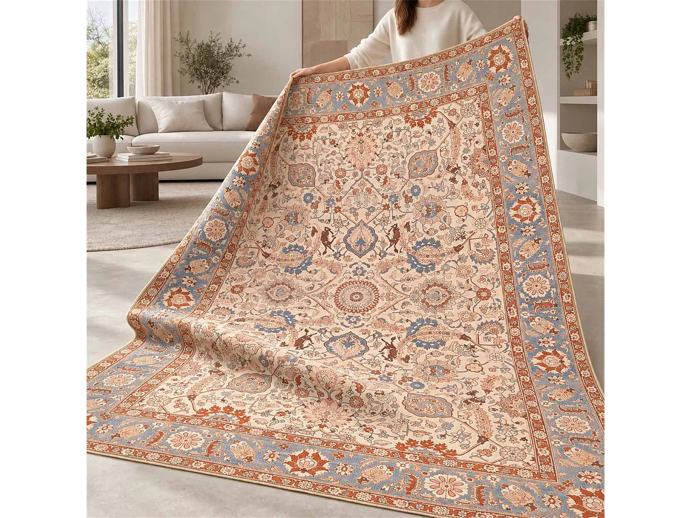 The White Stone Tapis Oriental Motif Kashan 95x150 cm | Tapis Style Persan avec Effet Vintage Vieilli | Poils Ras 100% Polyester, Impression Numérique, Lavable à