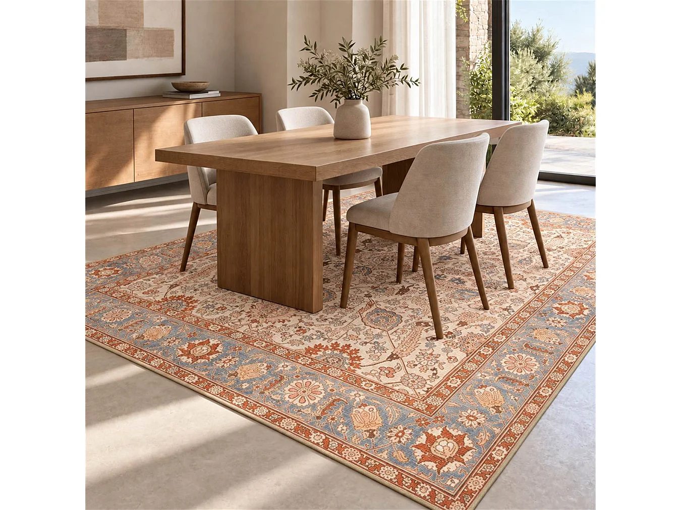 The White Stone Tapis Oriental Motif Kashan 95x150 cm | Tapis Style Persan avec Effet Vintage Vieilli | Poils Ras 100% Polyester, Impression Numérique, Lavable à