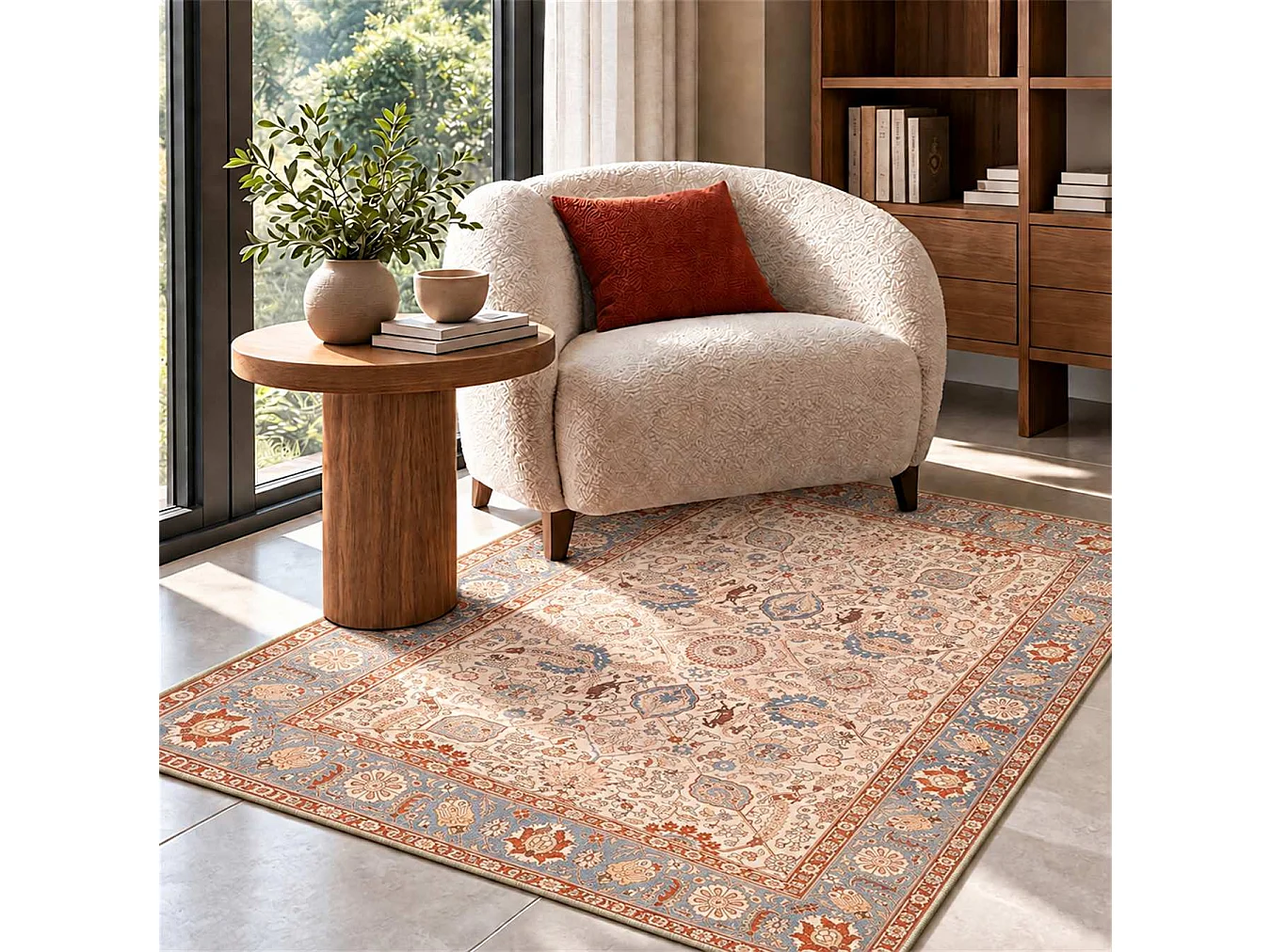 The White Stone Tapis Oriental Motif Kashan 95x150 cm | Tapis Style Persan avec Effet Vintage Vieilli | Poils Ras 100% Polyester, Impression Numérique, Lavable à